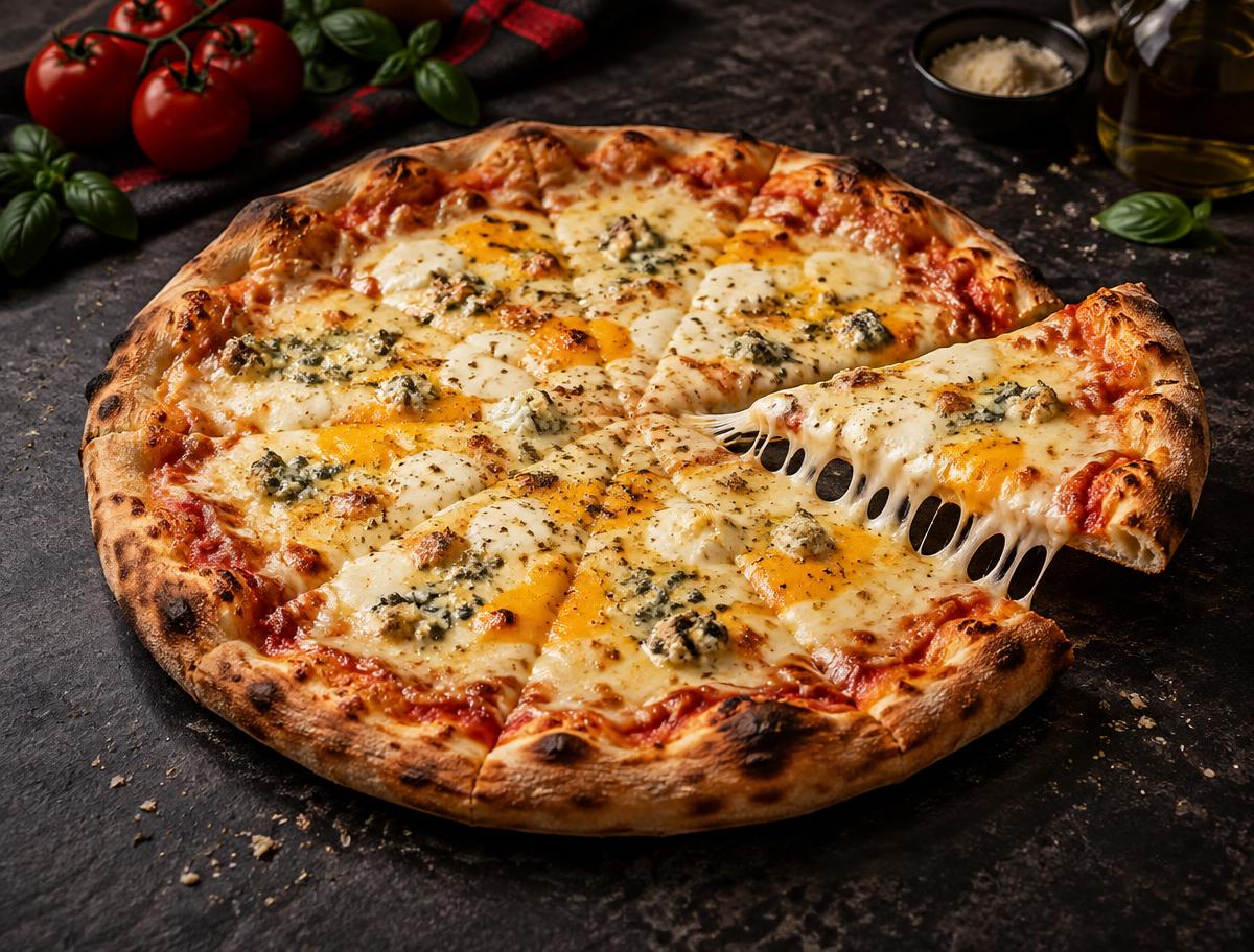 Pizza 5 Queijos com mozzarella, provolone, gorgonzola, queijo creme e cheddar