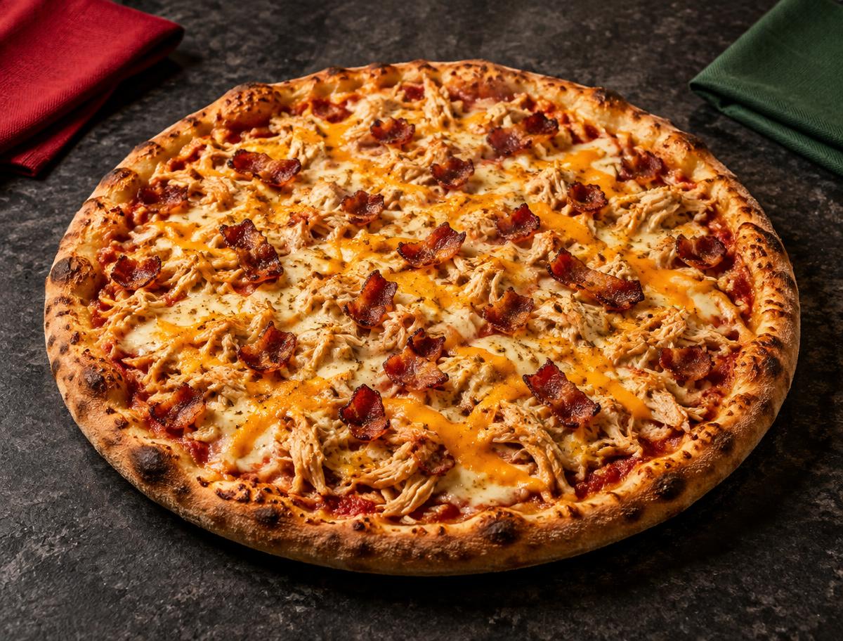 Pizza Big Chic com frango desfiado, mozzarella, cheddar e bacon