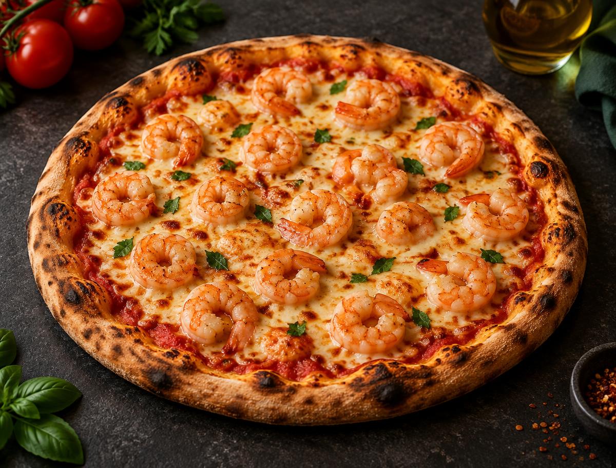 Pizza de camarão com molho de tomate e mozzarella